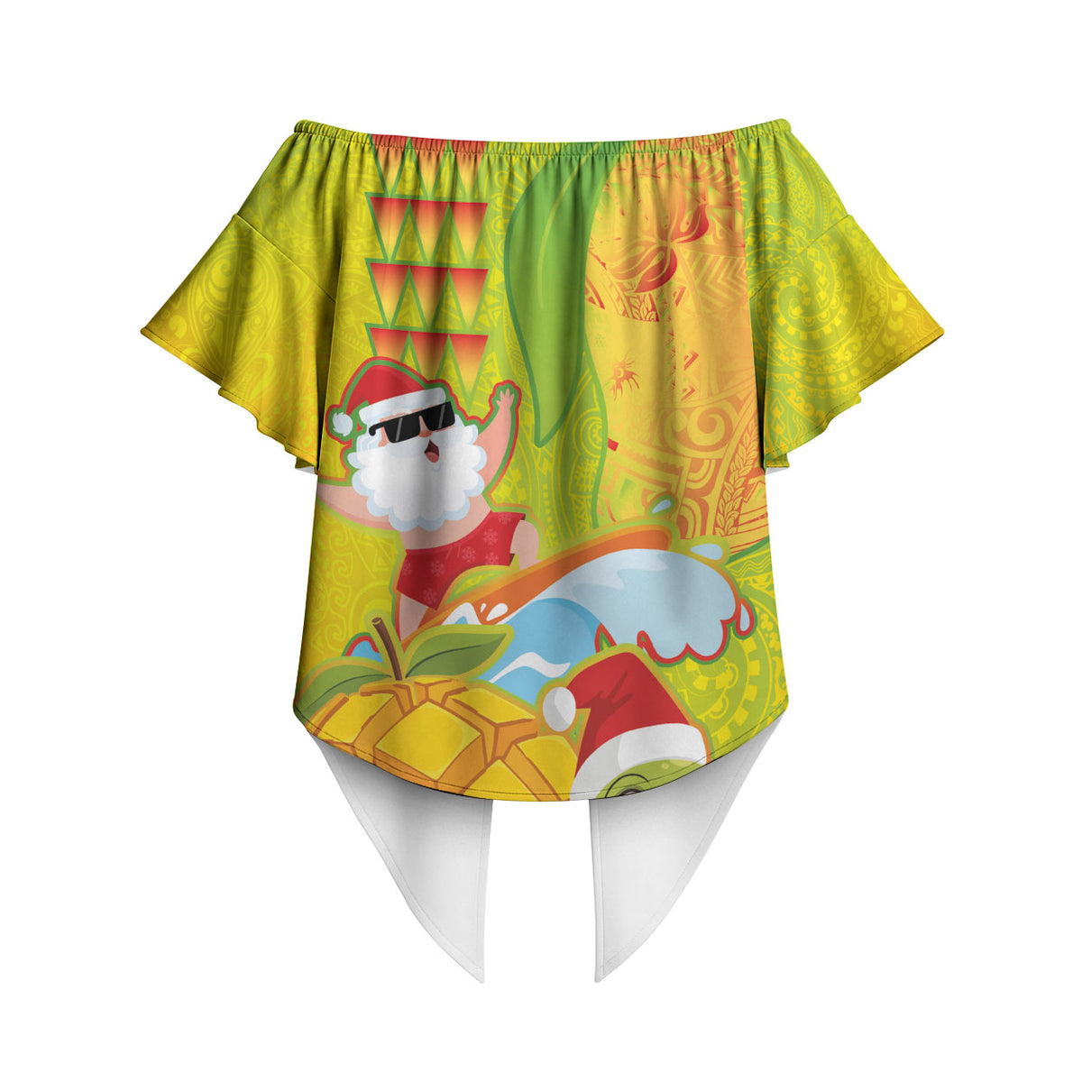 Hawaiian Mango Mele Kalikimaka Off Shoulder Wrap Waist Top Santa Claus Surfing with Turtle Mango Christmas