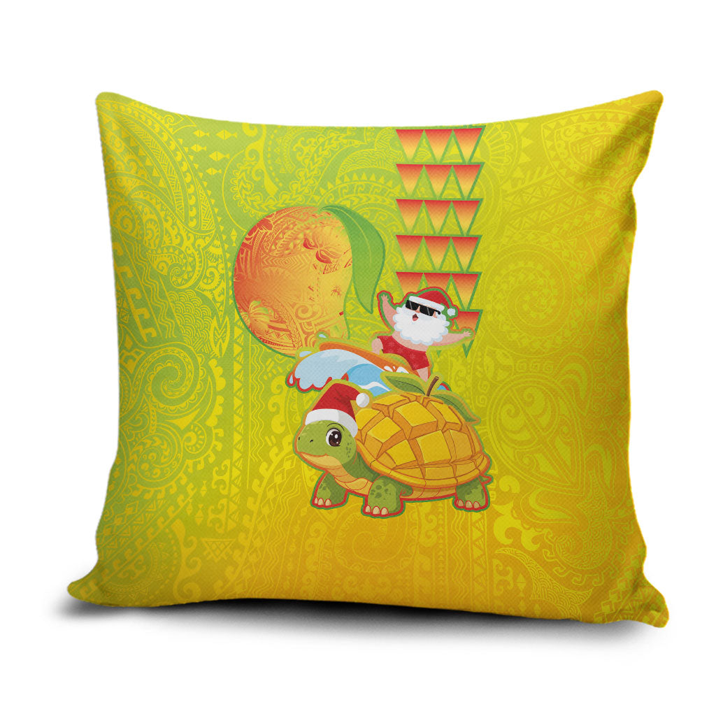 Hawaiian Mango Mele Kalikimaka Pillow Cover Santa Claus Surfing with Turtle Mango Christmas
