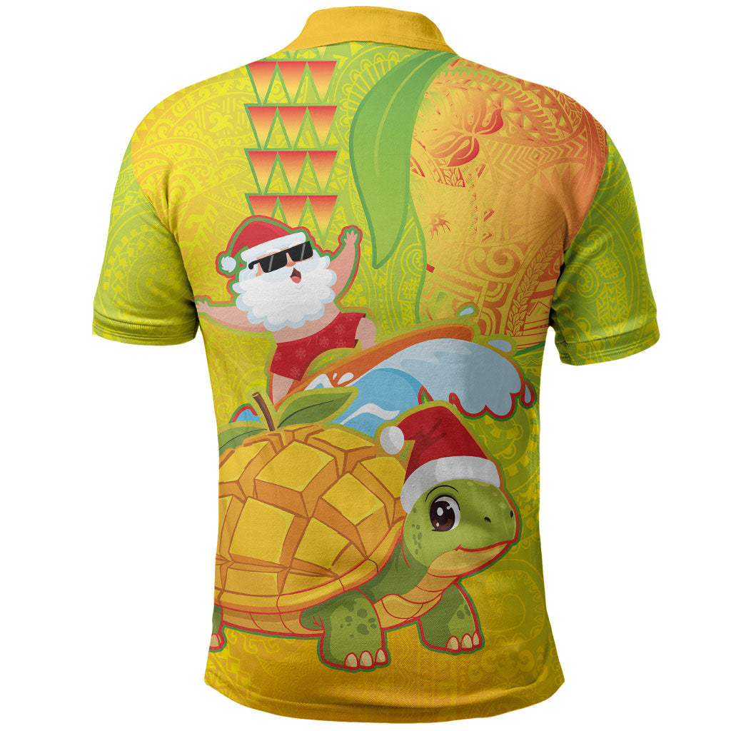 Hawaiian Mango Mele Kalikimaka Polo Shirt Santa Claus Surfing with Turtle Mango Christmas