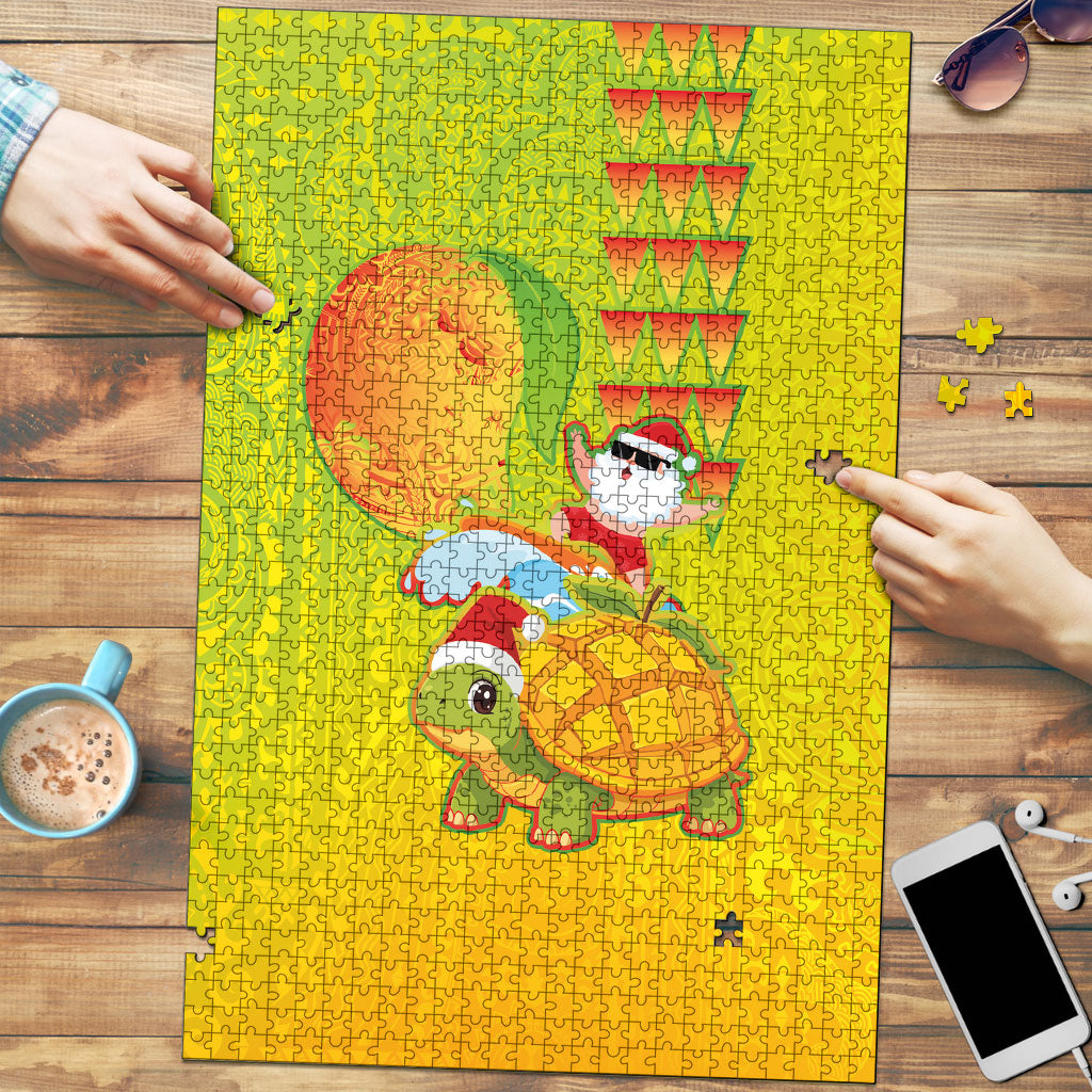 Hawaiian Mango Mele Kalikimaka Puzzle Santa Claus Surfing with Turtle Mango Christmas