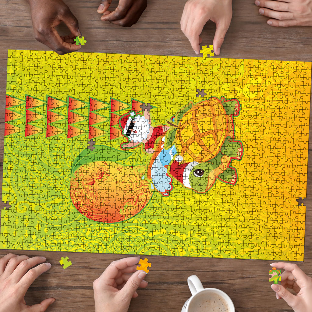 Hawaiian Mango Mele Kalikimaka Puzzle Santa Claus Surfing with Turtle Mango Christmas