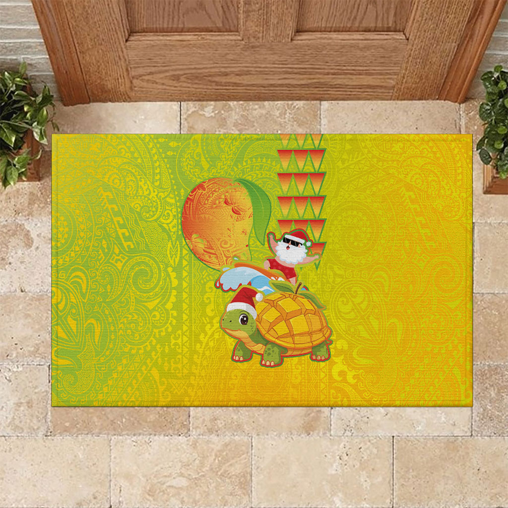 Hawaiian Mango Mele Kalikimaka Rubber Doormat Santa Claus Surfing with Turtle Mango Christmas