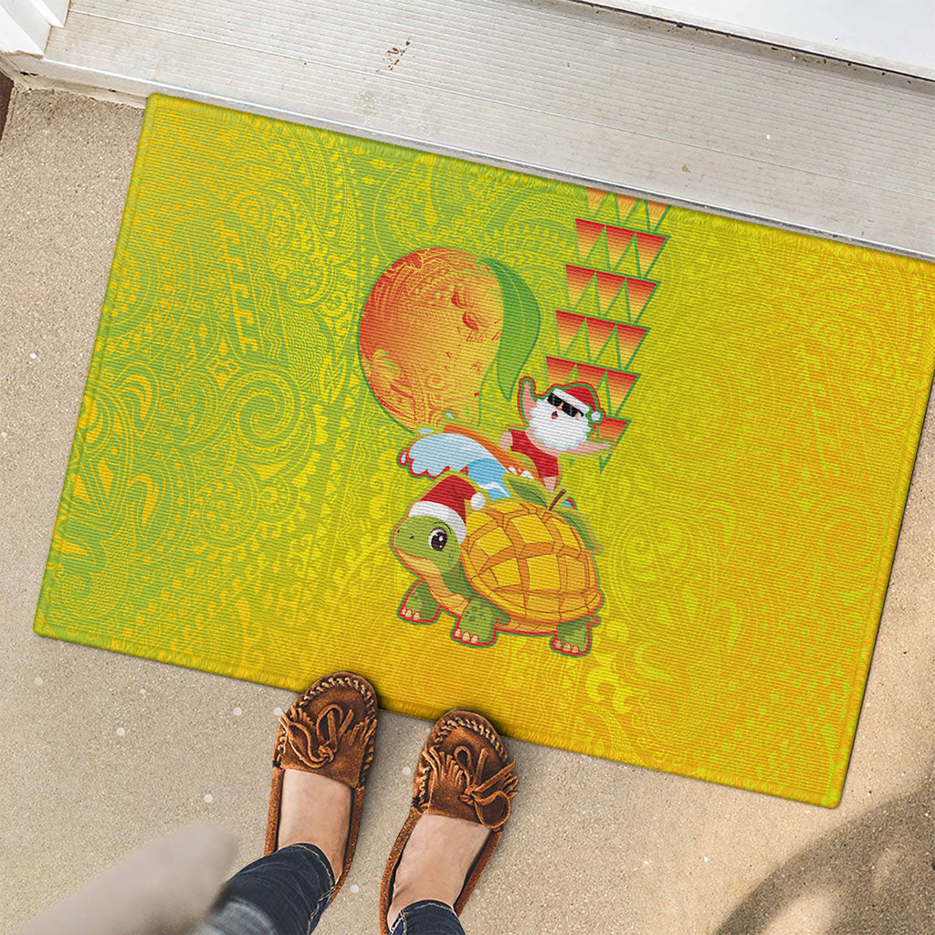 Hawaiian Mango Mele Kalikimaka Rubber Doormat Santa Claus Surfing with Turtle Mango Christmas