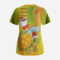 Hawaiian Mango Mele Kalikimaka Scrub Top Santa Claus Surfing with Turtle Mango Christmas