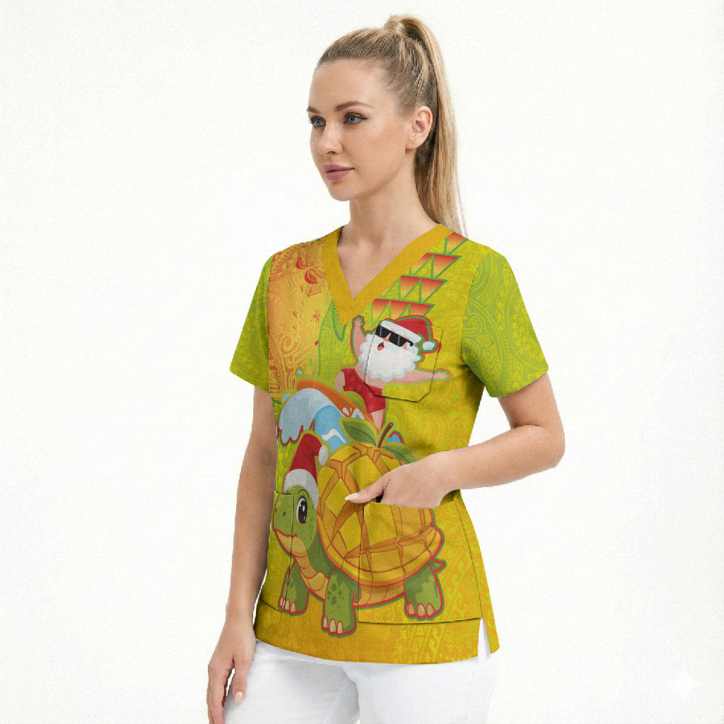 Hawaiian Mango Mele Kalikimaka Scrub Top Santa Claus Surfing with Turtle Mango Christmas