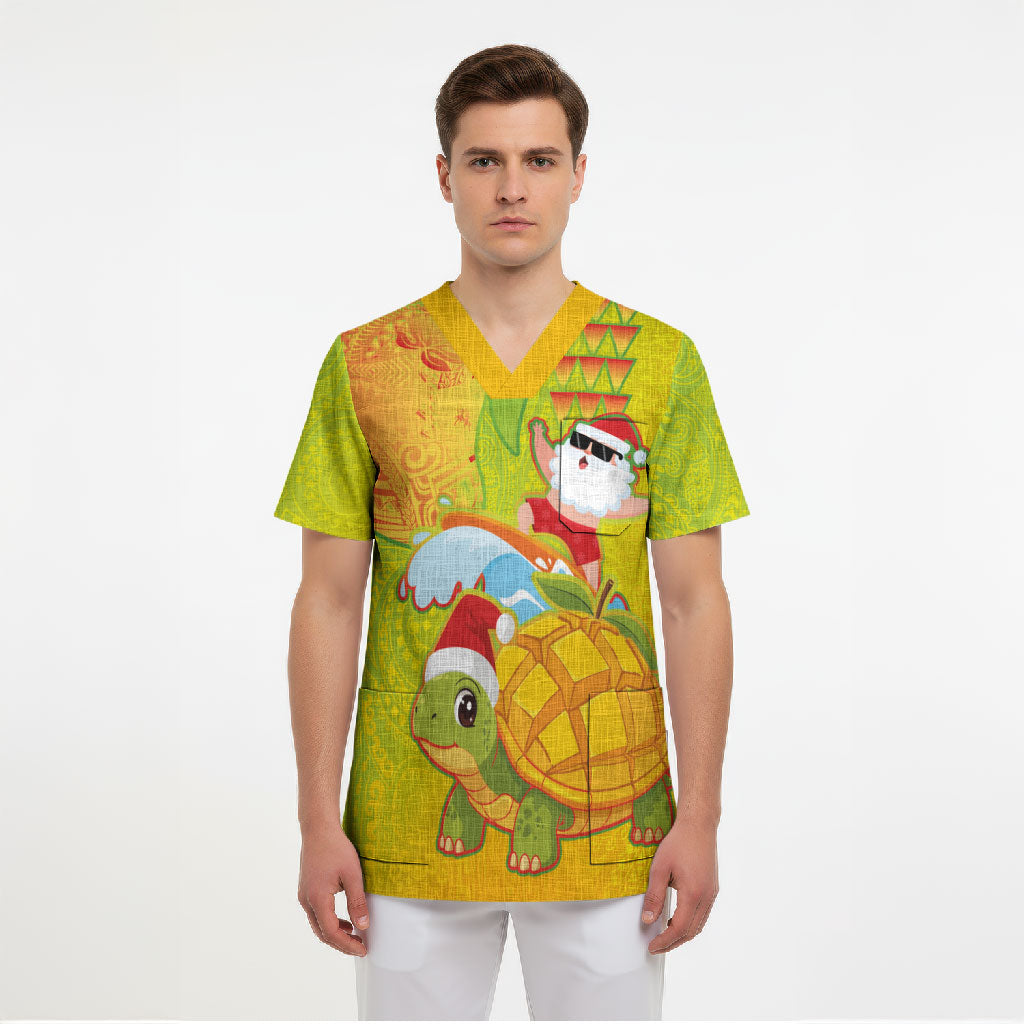 Hawaiian Mango Mele Kalikimaka Scrub Top Santa Claus Surfing with Turtle Mango Christmas