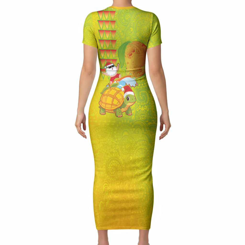 Hawaiian Mango Mele Kalikimaka Short Sleeve Bodycon Dress Santa Claus Surfing with Turtle Mango Christmas