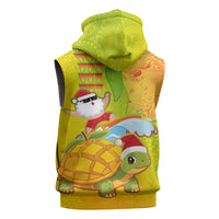 Hawaiian Mango Mele Kalikimaka Sleeveless Hoodie Santa Claus Surfing with Turtle Mango Christmas