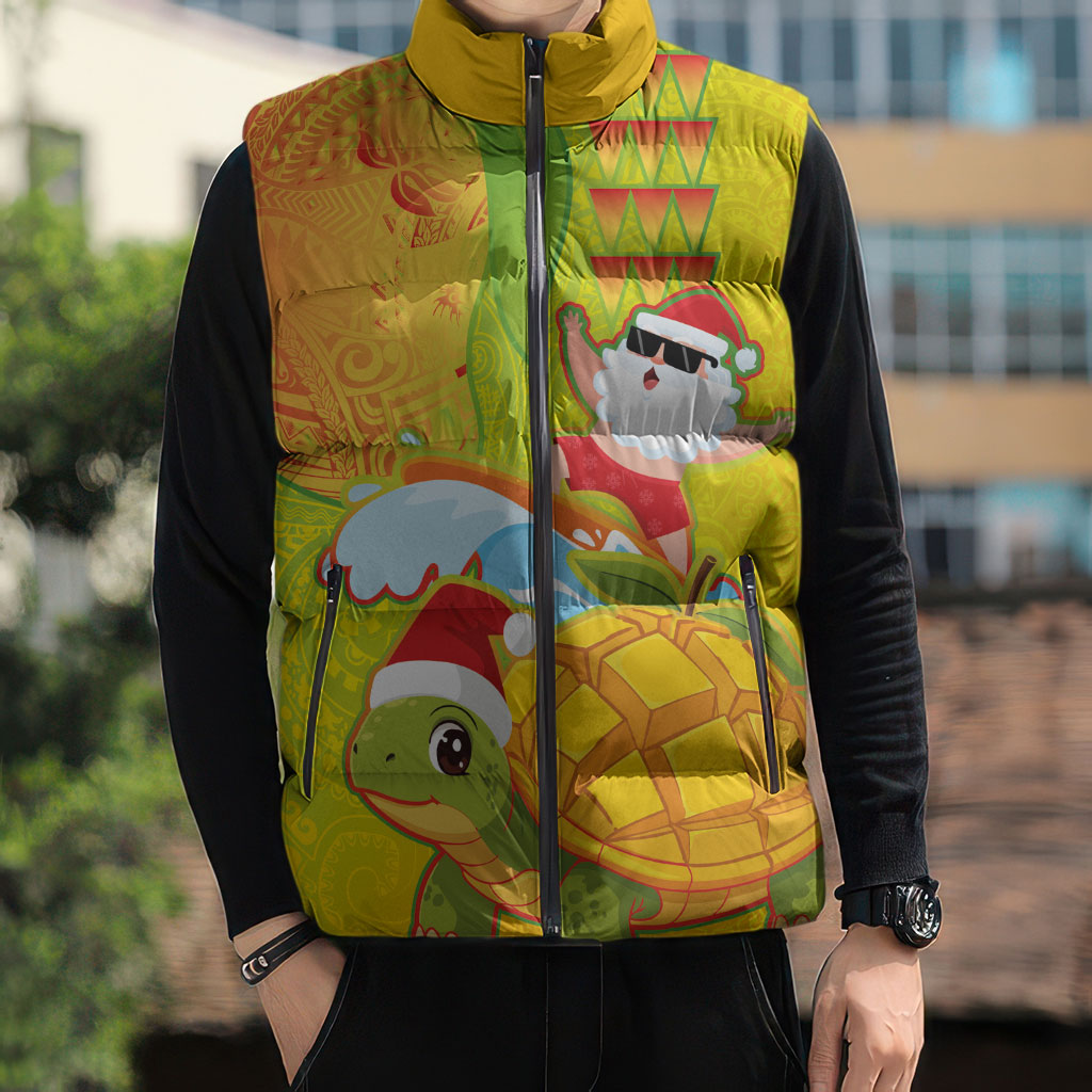 Hawaiian Mango Mele Kalikimaka Sleeveless Puffer Jacket Santa Claus Surfing with Turtle Mango Christmas
