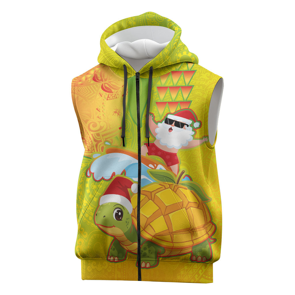 Hawaiian Mango Mele Kalikimaka Sleeveless Zip Hoodie Santa Claus Surfing with Turtle Mango Christmas