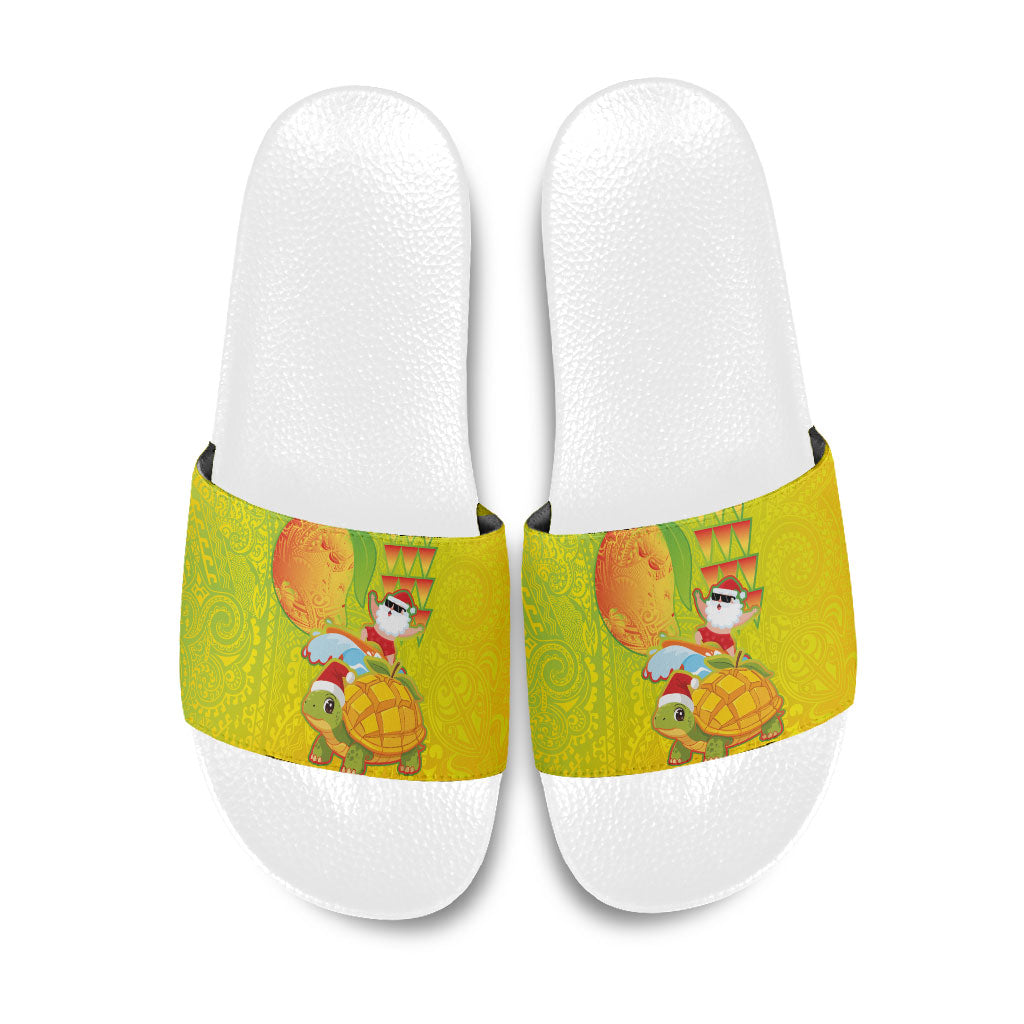 Hawaiian Mango Mele Kalikimaka Slide Sandals Santa Claus Surfing with Turtle Mango Christmas