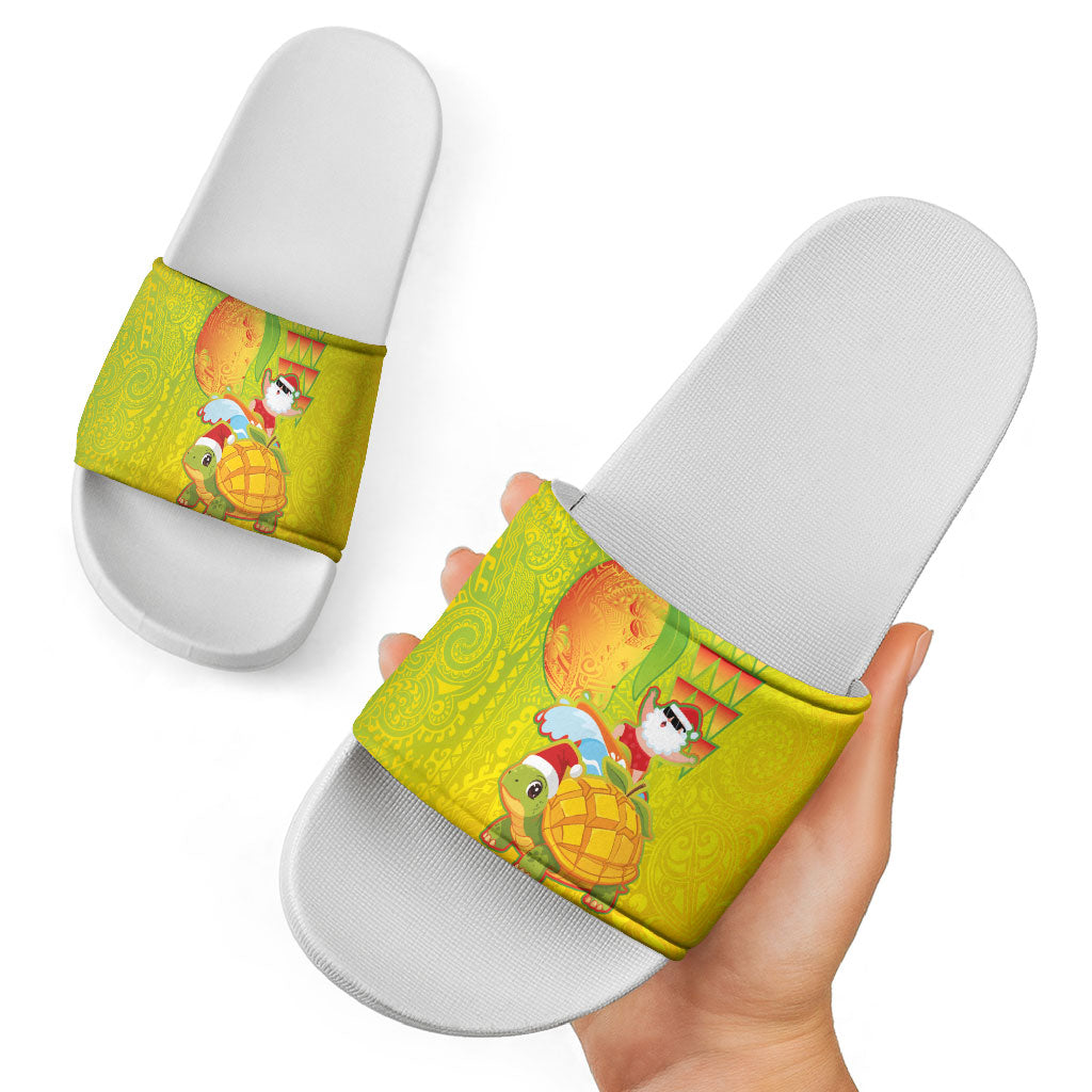 Hawaiian Mango Mele Kalikimaka Slide Sandals Santa Claus Surfing with Turtle Mango Christmas