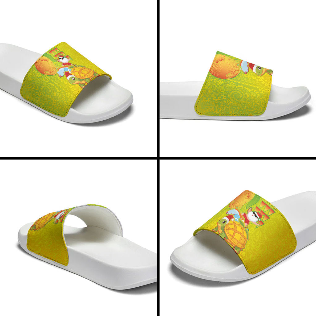 Hawaiian Mango Mele Kalikimaka Slide Sandals Santa Claus Surfing with Turtle Mango Christmas