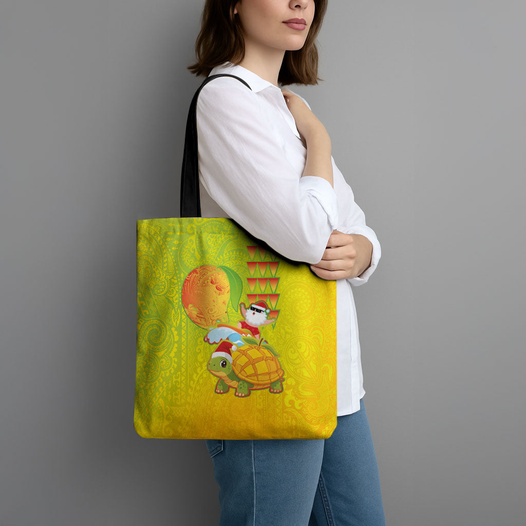 Hawaiian Mango Mele Kalikimaka Tote Bag Santa Claus Surfing with Turtle Mango Christmas