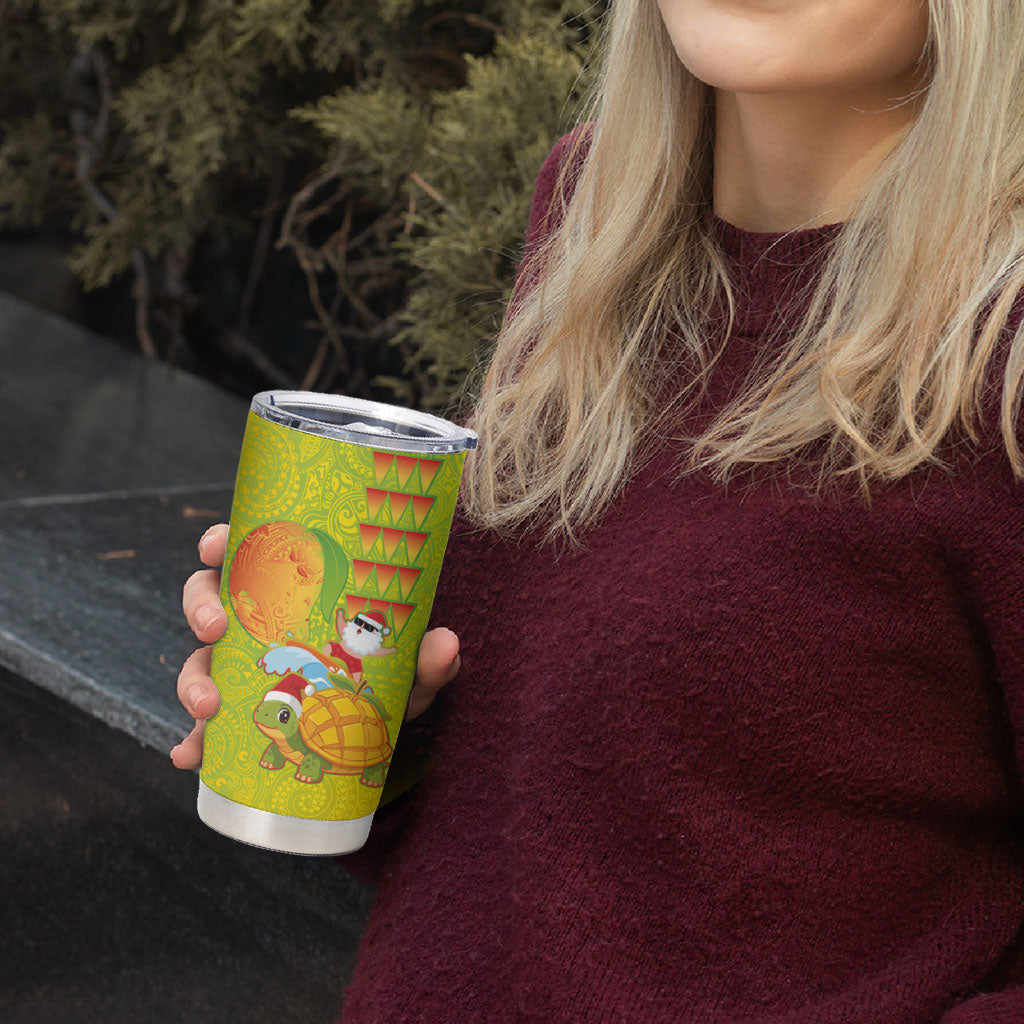 Hawaiian Mango Mele Kalikimaka Tumbler Cup Santa Claus Surfing with Turtle Mango Christmas