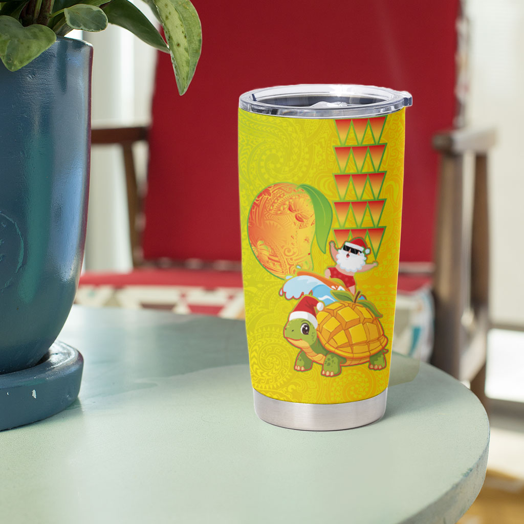 Hawaiian Mango Mele Kalikimaka Tumbler Cup Santa Claus Surfing with Turtle Mango Christmas
