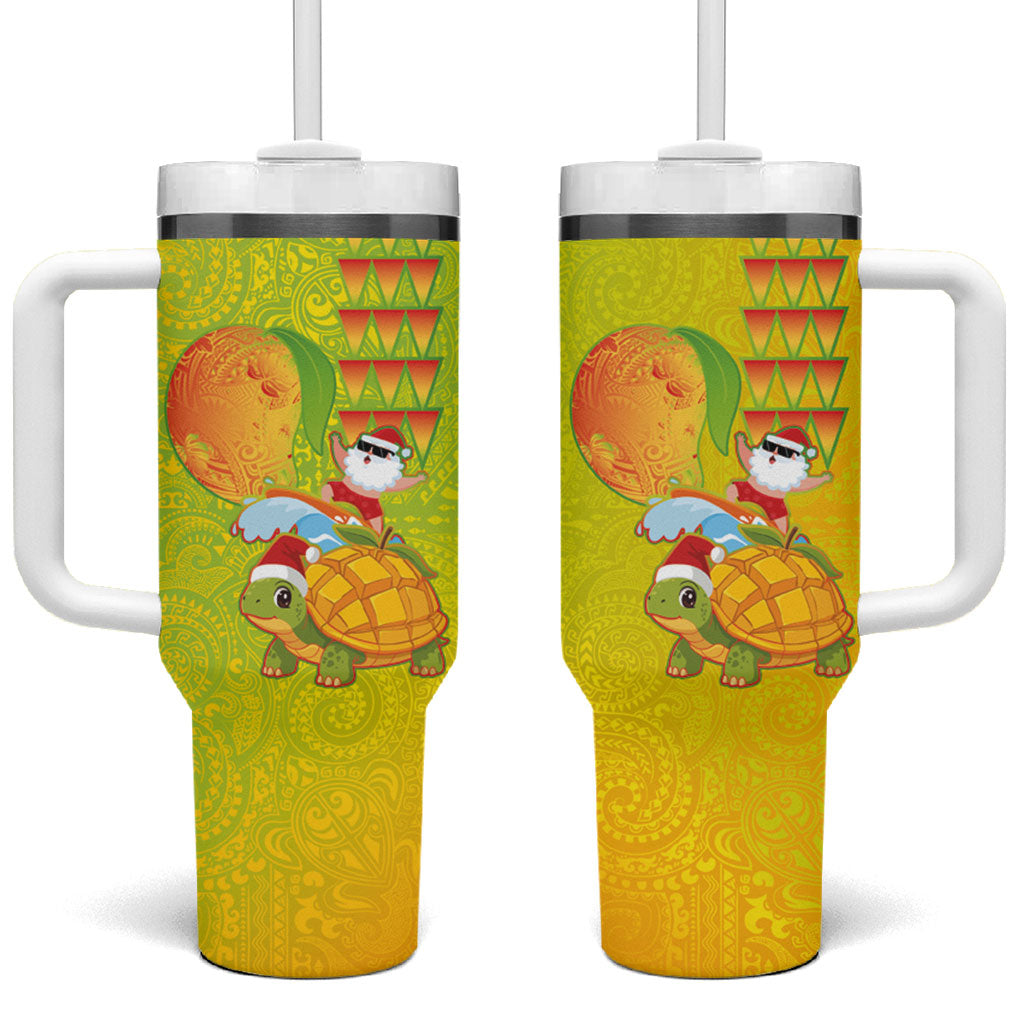 Hawaiian Mango Mele Kalikimaka Tumbler With Handle Santa Claus Surfing with Turtle Mango Christmas