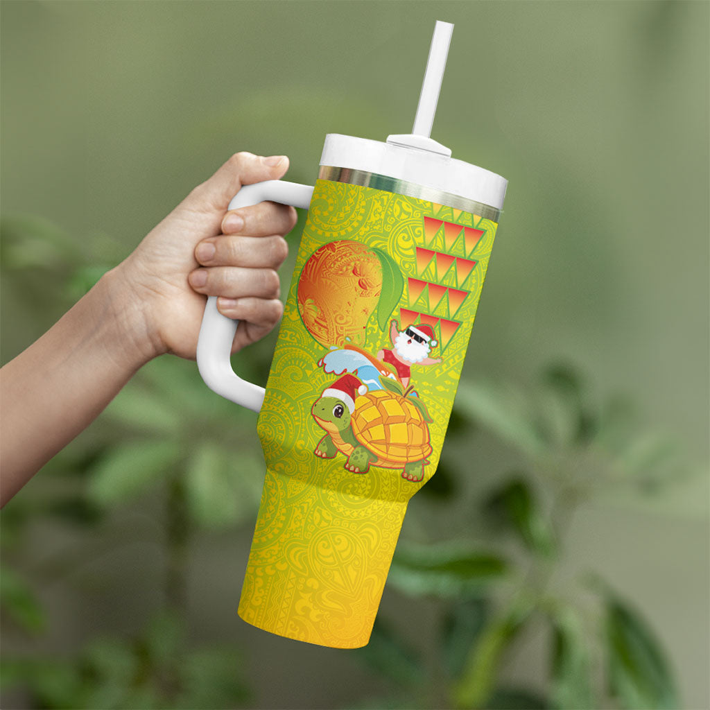 Hawaiian Mango Mele Kalikimaka Tumbler With Handle Santa Claus Surfing with Turtle Mango Christmas