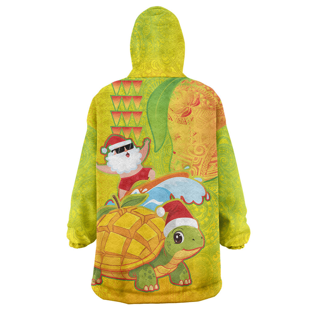 Hawaiian Mango Mele Kalikimaka Wearable Blanket Hoodie Santa Claus Surfing with Turtle Mango Christmas