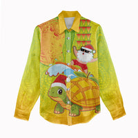 Hawaiian Mango Mele Kalikimaka Women Casual Shirt Santa Claus Surfing with Turtle Mango Christmas