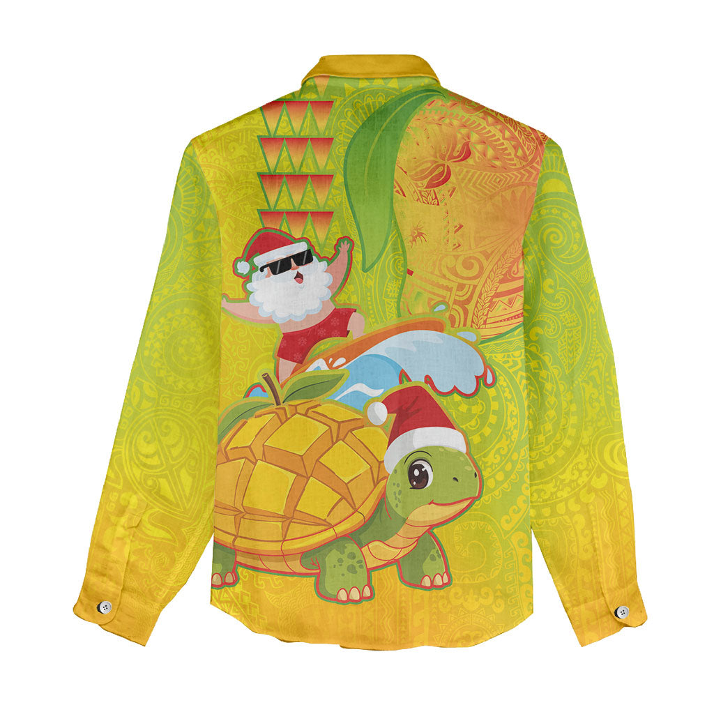 Hawaiian Mango Mele Kalikimaka Women Casual Shirt Santa Claus Surfing with Turtle Mango Christmas