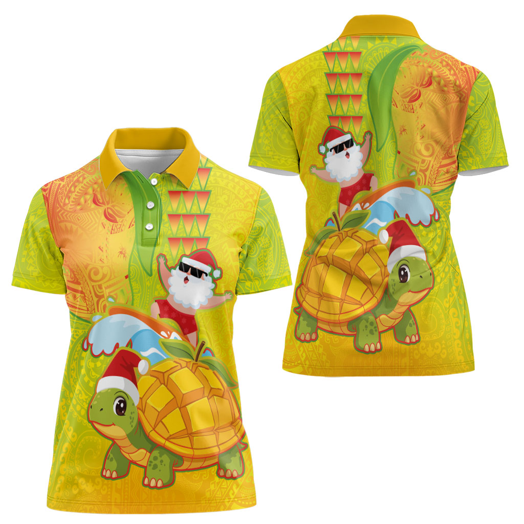 Hawaiian Mango Mele Kalikimaka Women Polo Shirt Santa Claus Surfing with Turtle Mango Christmas