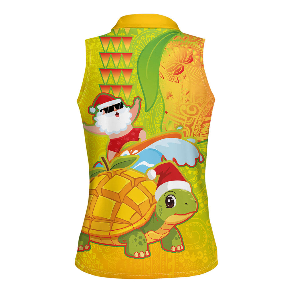 Hawaiian Mango Mele Kalikimaka Women Sleeveless Polo Shirt Santa Claus Surfing with Turtle Mango Christmas