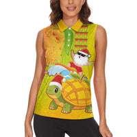 Hawaiian Mango Mele Kalikimaka Women Sleeveless Polo Shirt Santa Claus Surfing with Turtle Mango Christmas