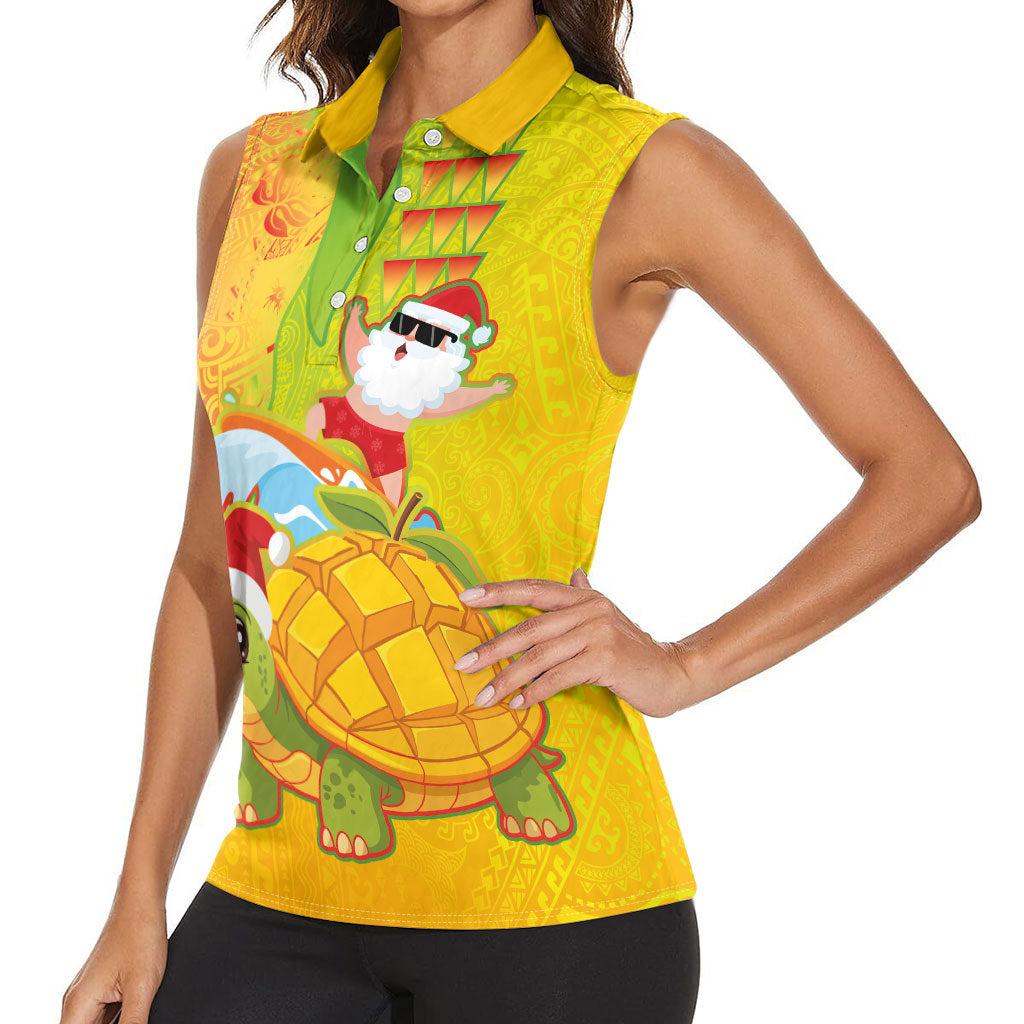 Hawaiian Mango Mele Kalikimaka Women Sleeveless Polo Shirt Santa Claus Surfing with Turtle Mango Christmas