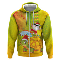 Hawaiian Mango Mele Kalikimaka Zip Hoodie Santa Claus Surfing with Turtle Mango Christmas