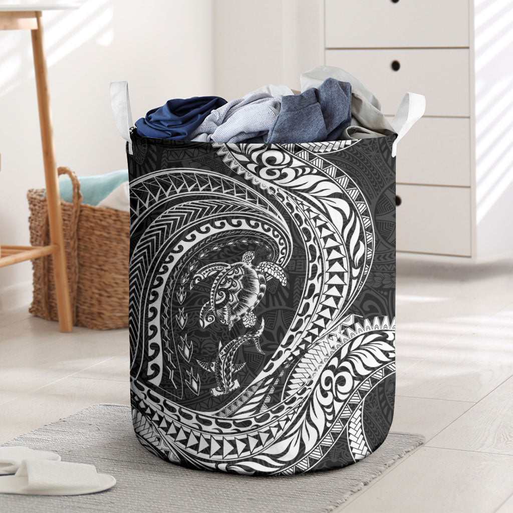 Hawaiian Turtle and Shark Laundry Basket Kakau Tribal with Polynesian Pattern Black Color
