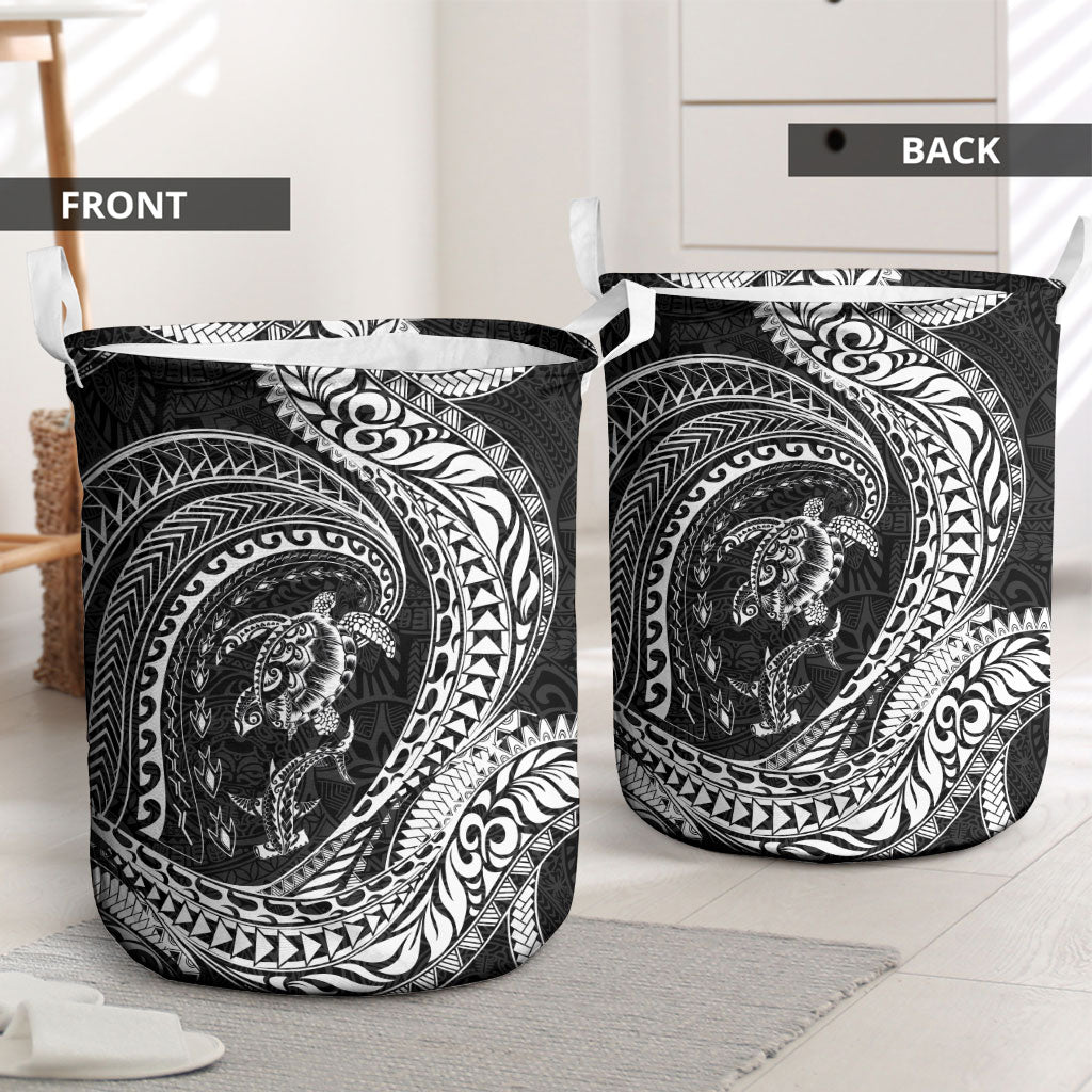 Hawaiian Turtle and Shark Laundry Basket Kakau Tribal with Polynesian Pattern Black Color