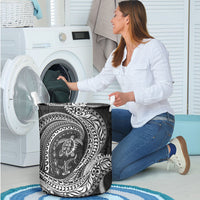 Hawaiian Turtle and Shark Laundry Basket Kakau Tribal with Polynesian Pattern Black Color