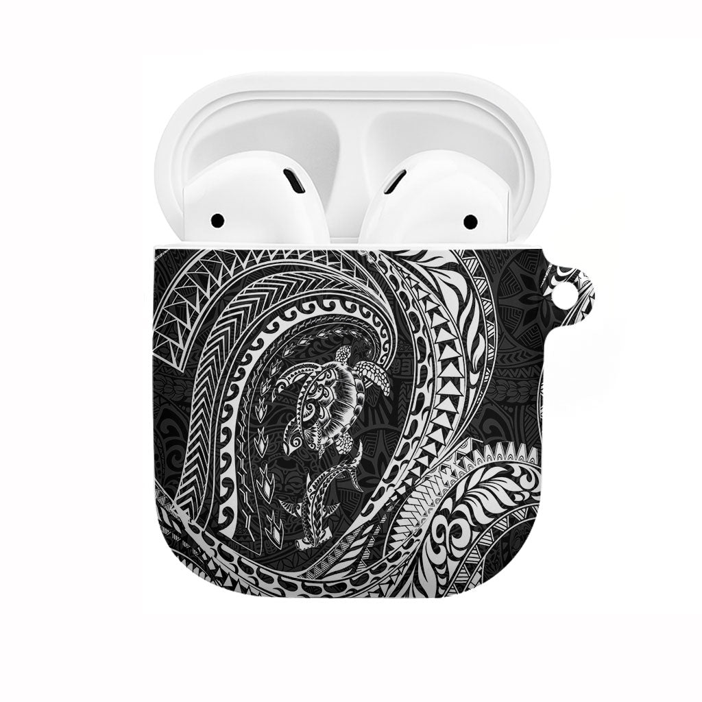 Hawaiian Turtle and Shark AirPods Case Kakau Tribal with Polynesian Pattern Black Color