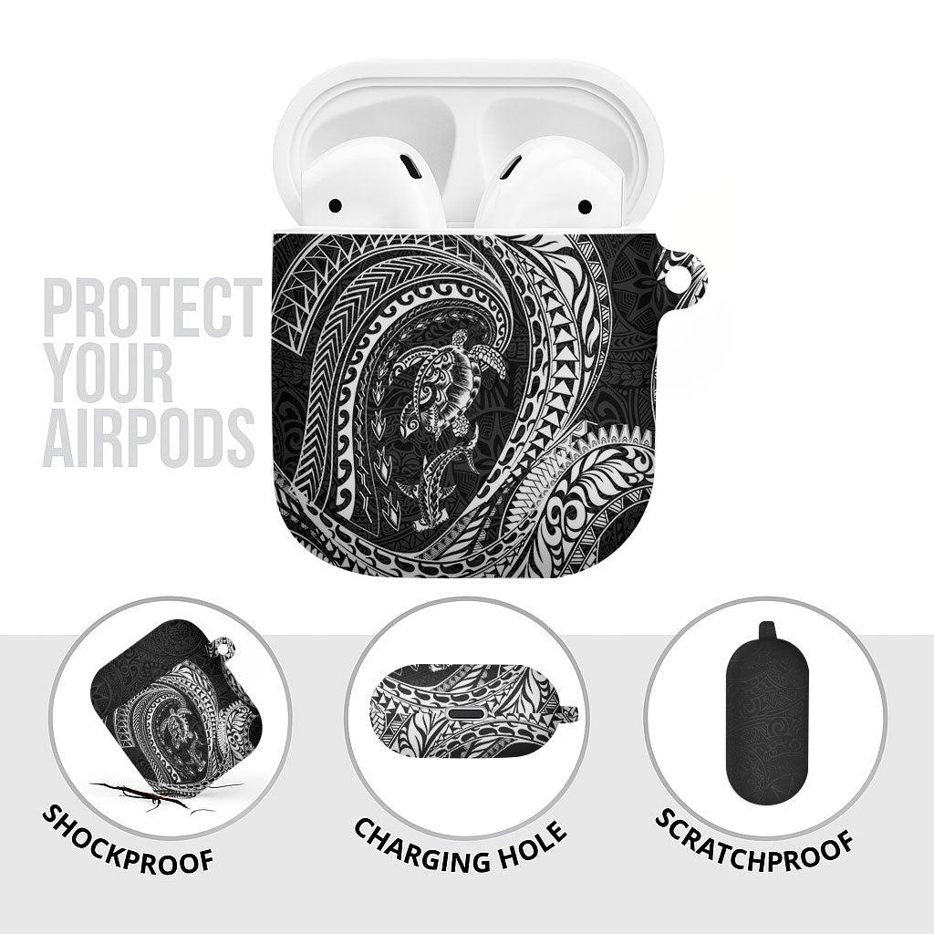 Hawaiian Turtle and Shark AirPods Case Kakau Tribal with Polynesian Pattern Black Color