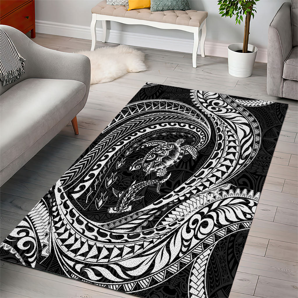 Hawaiian Turtle and Shark Area Rug Kakau Tribal with Polynesian Pattern Black Color