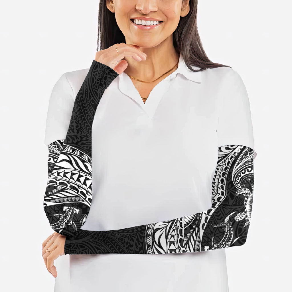 Hawaiian Turtle and Shark Arm Sleeves Kakau Tribal with Polynesian Pattern Black Color