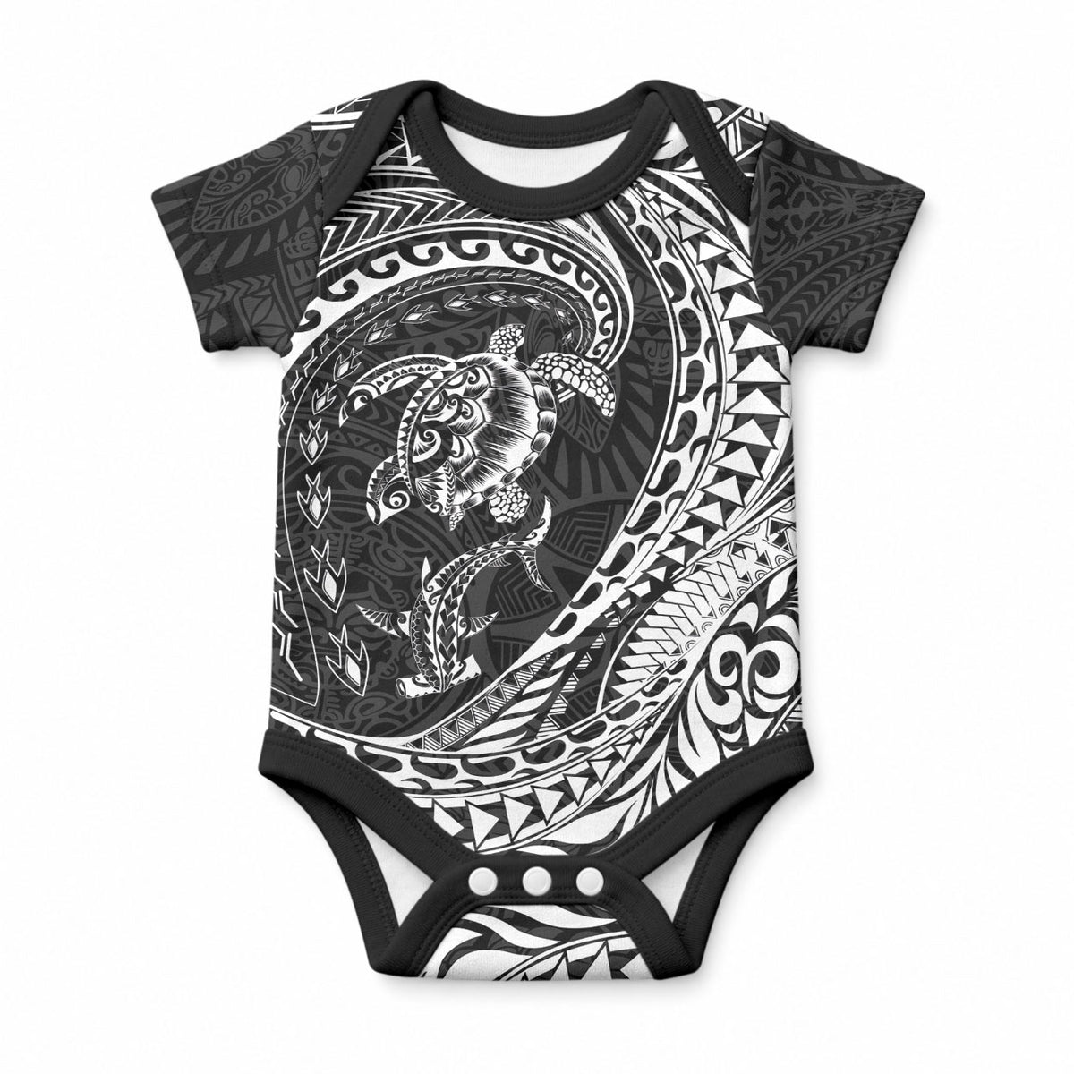 Hawaiian Turtle and Shark Baby Onesie Kakau Tribal with Polynesian Pattern Black Color