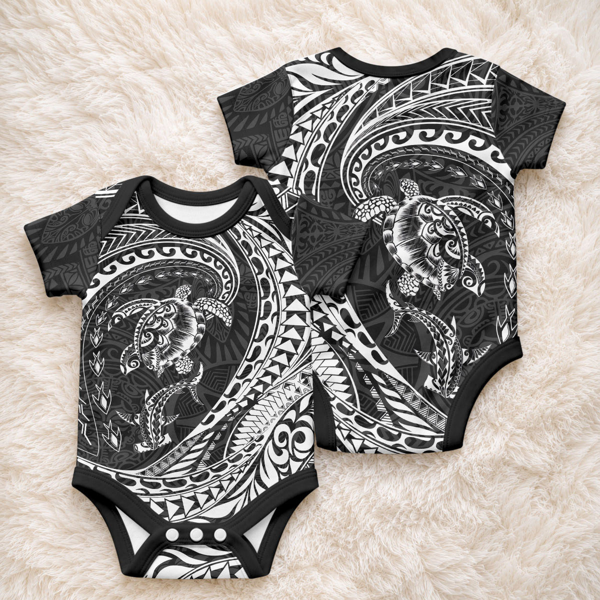 Hawaiian Turtle and Shark Baby Onesie Kakau Tribal with Polynesian Pattern Black Color