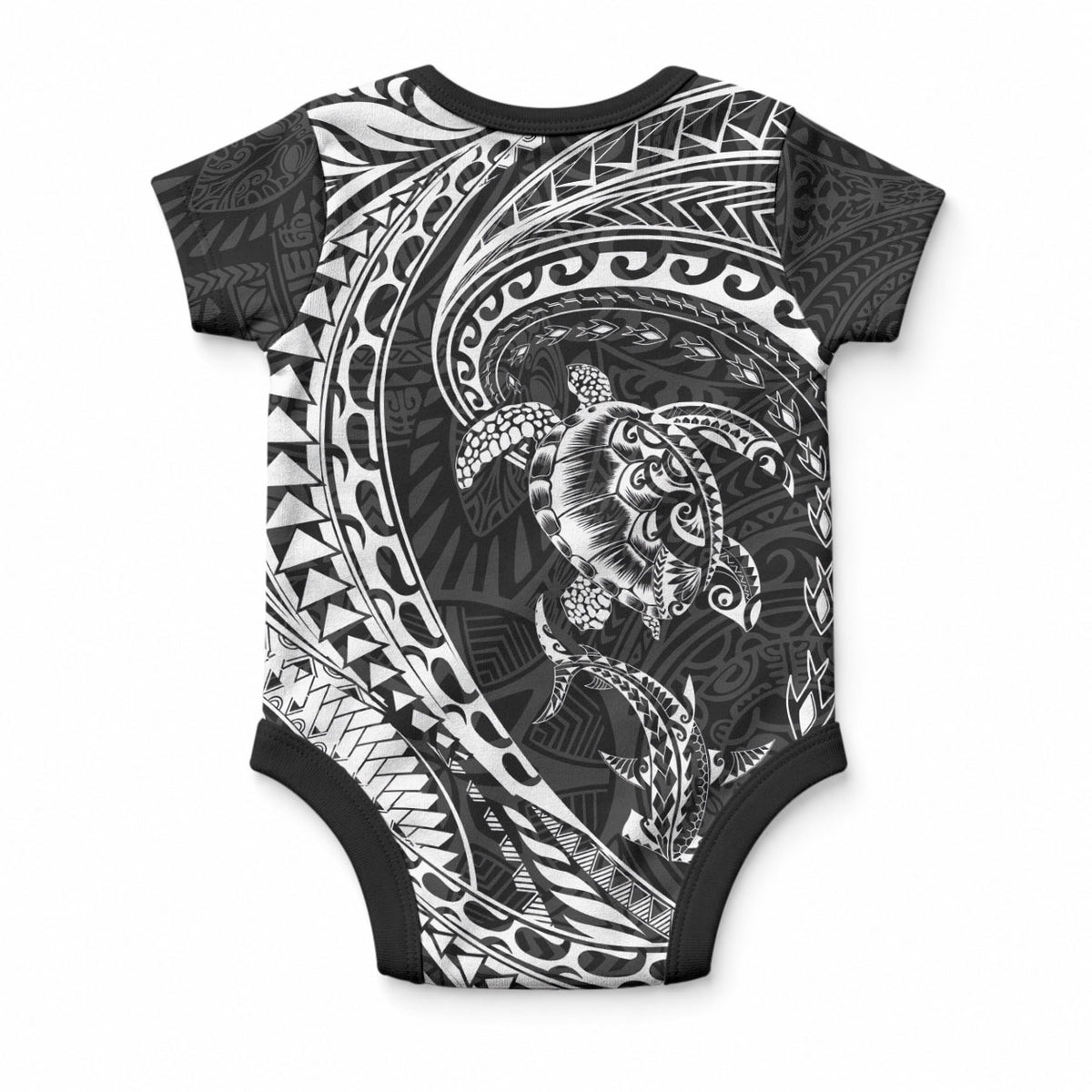 Hawaiian Turtle and Shark Baby Onesie Kakau Tribal with Polynesian Pattern Black Color