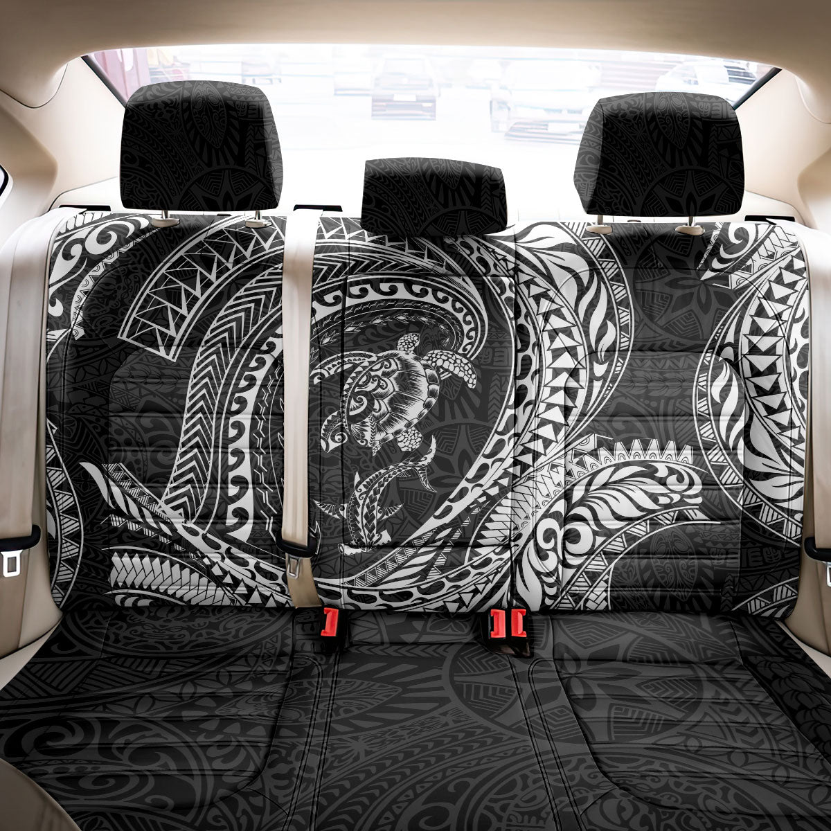 Hawaiian Turtle and Shark Back Car Seat Cover Kakau Tribal with Polynesian Pattern Black Color
