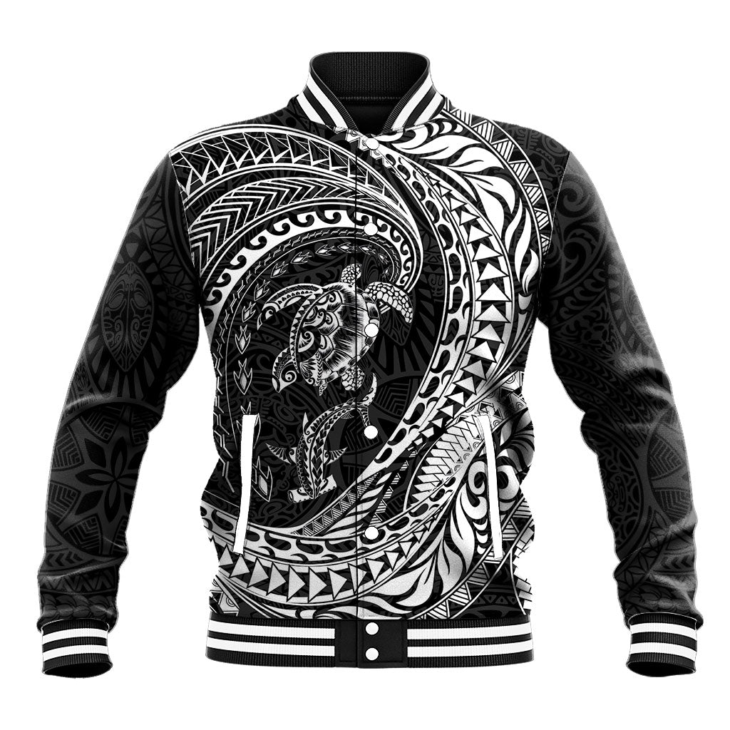 Hawaiian Turtle and Shark Baseball Jacket Kakau Tribal with Polynesian Pattern Black Color