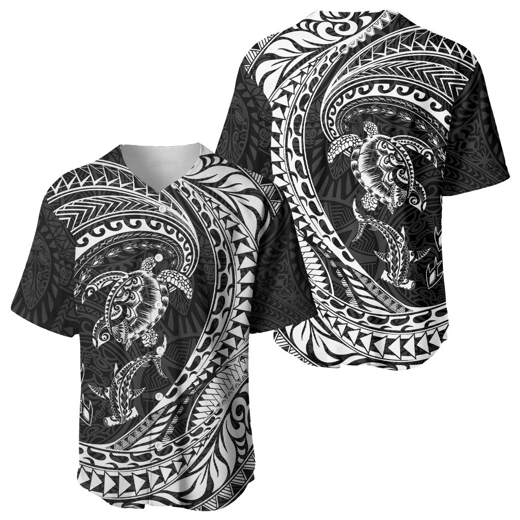 Hawaiian Turtle and Shark Baseball Jersey Kakau Tribal with Polynesian Pattern Black Color
