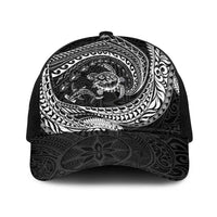 Hawaiian Turtle and Shark Baseball Net Cap Kakau Tribal with Polynesian Pattern Black Color