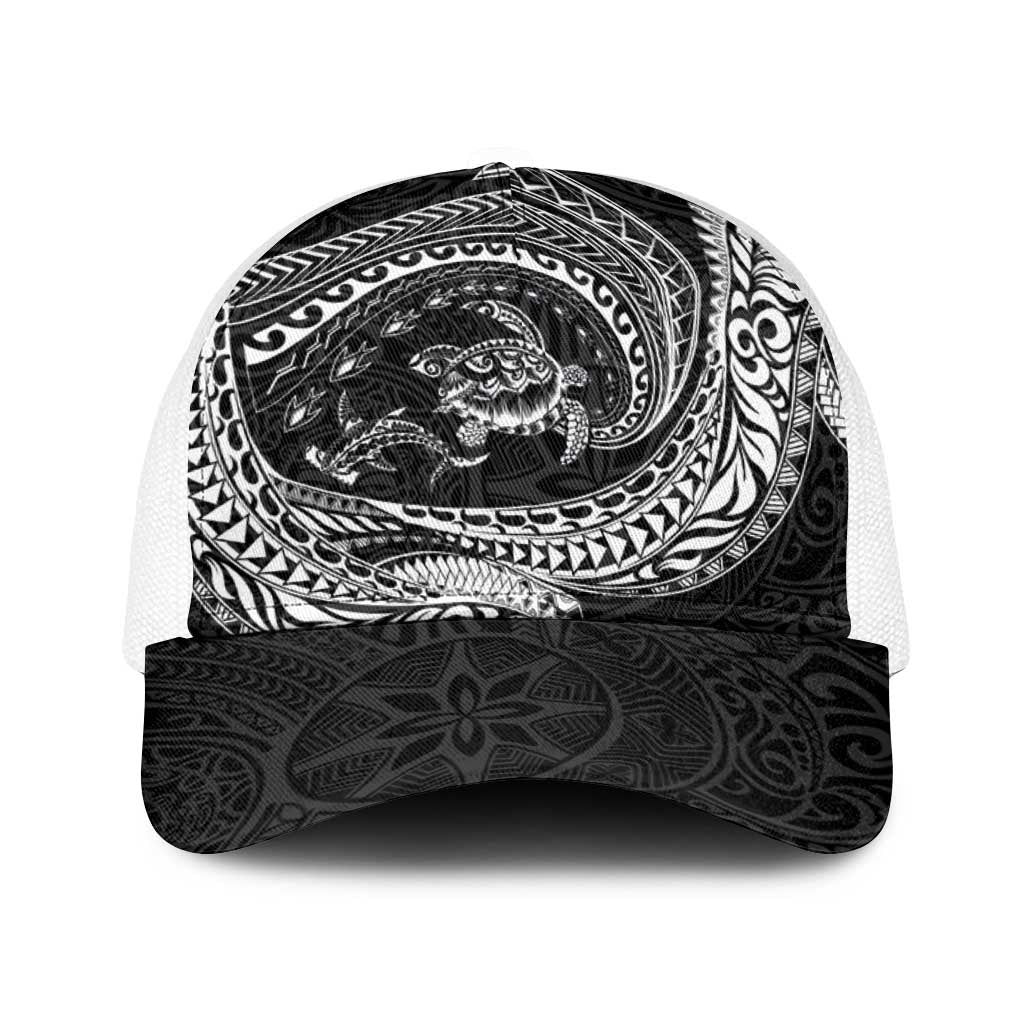 Hawaiian Turtle and Shark Baseball Net Cap Kakau Tribal with Polynesian Pattern Black Color