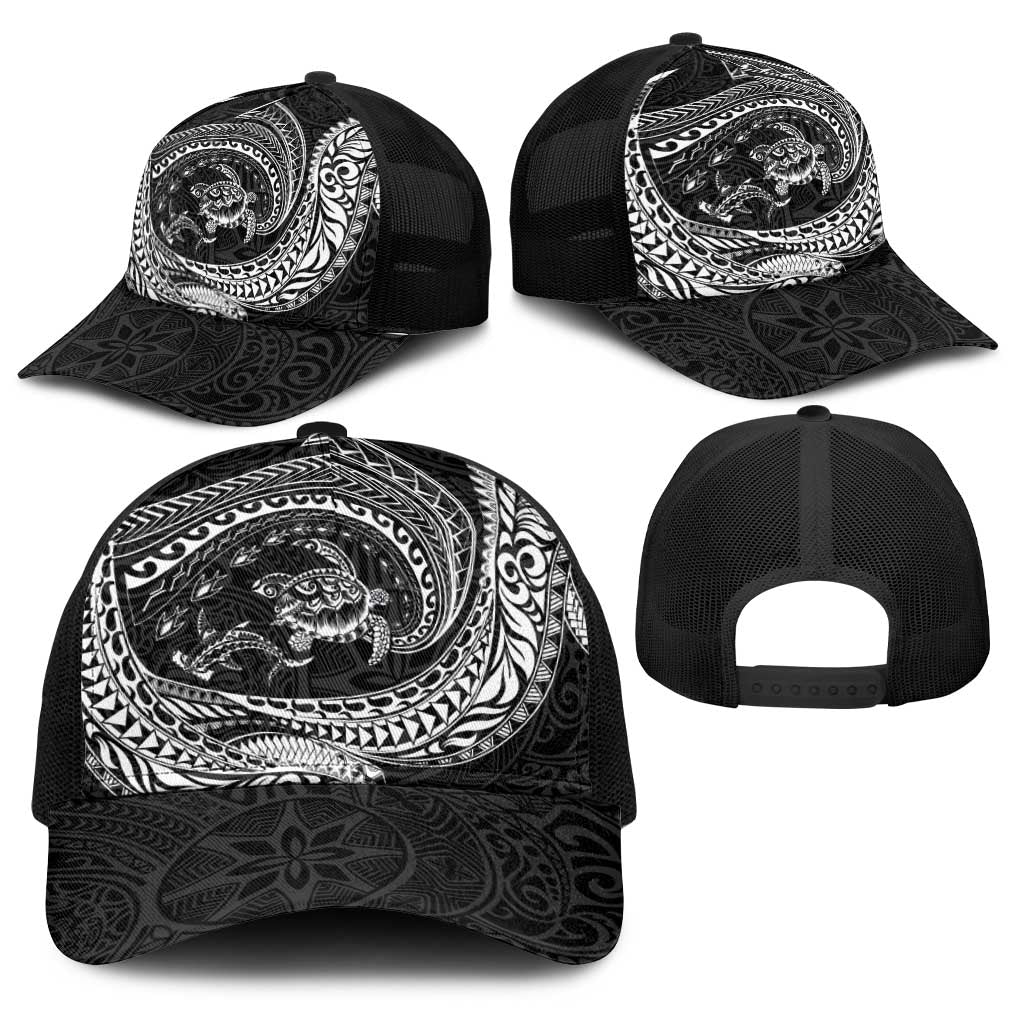 Hawaiian Turtle and Shark Baseball Net Cap Kakau Tribal with Polynesian Pattern Black Color