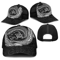 Hawaiian Turtle and Shark Baseball Net Cap Kakau Tribal with Polynesian Pattern Black Color
