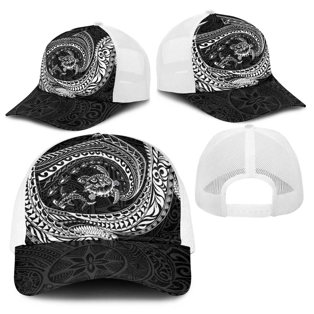 Hawaiian Turtle and Shark Baseball Net Cap Kakau Tribal with Polynesian Pattern Black Color