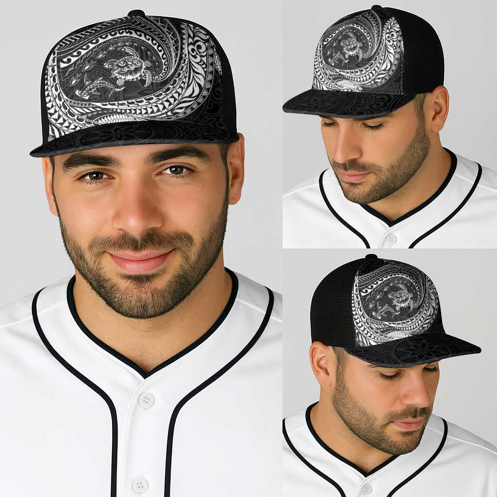 Hawaiian Turtle and Shark Baseball Net Cap Kakau Tribal with Polynesian Pattern Black Color