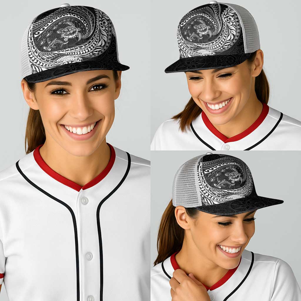 Hawaiian Turtle and Shark Baseball Net Cap Kakau Tribal with Polynesian Pattern Black Color